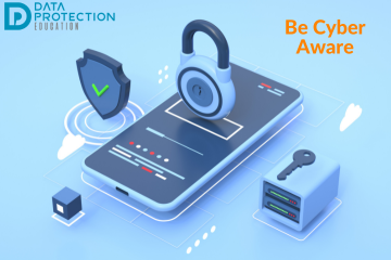 Be cyber aware in orange text on a blue background above a mobile phone and padlock. Also the Data Protection Education logo