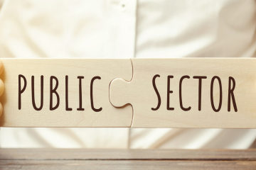 public sector in brown text on cream puzzle pieces held at each end by hands