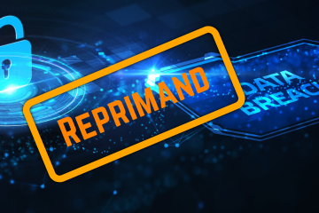 The word reprimand in orange in an orange rectangle on a blue background with the word data breach in blue