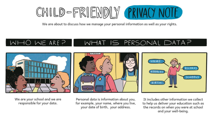 Comic strip child friendly privacy notice with easy read font. Click to download pdf