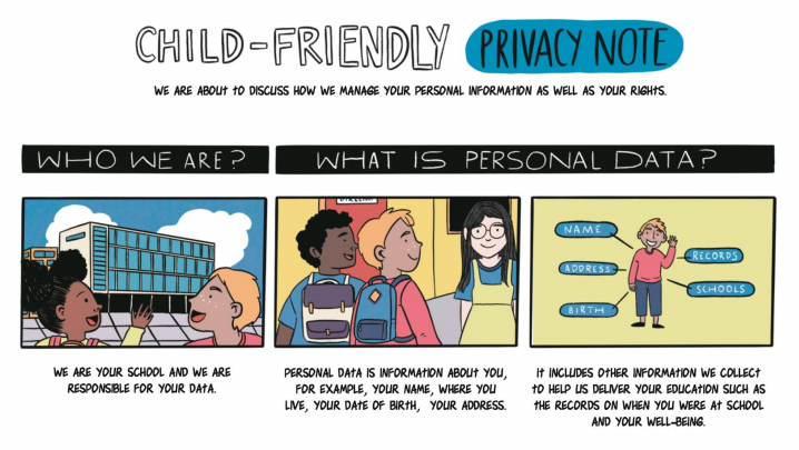 Comic strip child friendly privacy notice with comic strip font. Click to download pdf