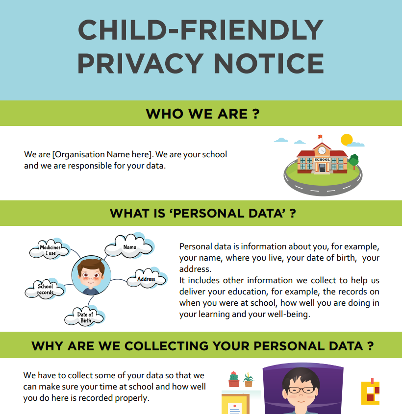infographic style child friendly privacy notice with easy read font. Click to download pdf