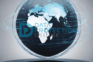 blue globe of the world with a network around it. Data protection education across the centre
