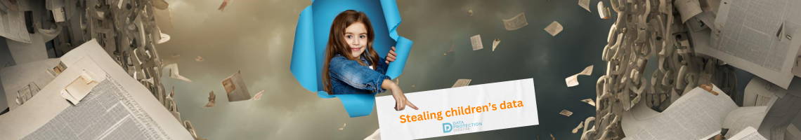 Young girl bursting through paper pointing to text saying 'Stealing children's data'. Data Protection Education image