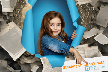 Young girl bursting through paper pointing to text saying 'Stealing children's data'. Data Protection Education image