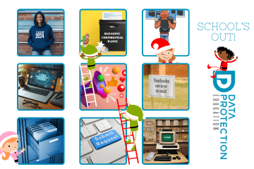 Various end of term and cyber attack images, School's Out text, and Data Protection Education Logo