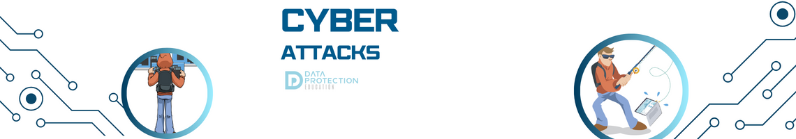 Cyber attacks in blue text, Harry the Hacker phishing a laptop, and looking a computer screen. Data Protection Education logo