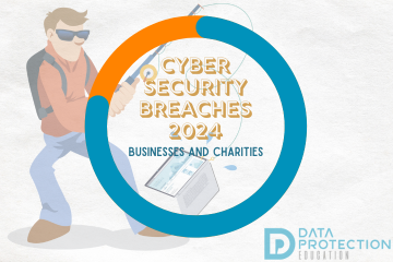 Cyber security breaches 2024 in gold letters businesses and charities in blue in an orange and blue circle with Harry the Hacker in an orange hoodie in the background phishing for a laptop