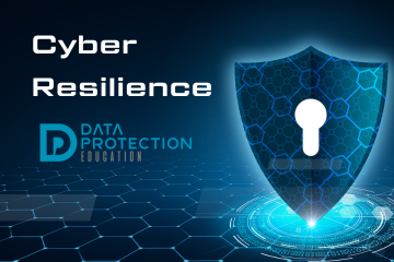 Navy background. White text with words cyber resilience. Data Protection Education logo. Navy key hole in shape of a shield on a light blue network