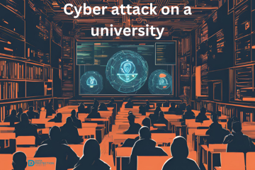 Canva AI generated image of university lecture hall in orange with blue large computer screen. Cyber attack on a university in white text and data protection education logo