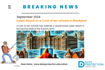 A news type article with headline of breaking news, September 2024, Cyber attack on a group of ten schools in Blackpool. AI generated image of someone in an orange hoodie over a laptop, schools in the background with padlocks with union jacks on.  Harry the hacker phishing, Data Protection Education logo and website address: www.dataprotection.education