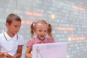 children in front of a laptop, harry the hacker and DPE logo on the back of the laptop, infront of a computer screen with lots of computer text about cyber attacks and data breaches