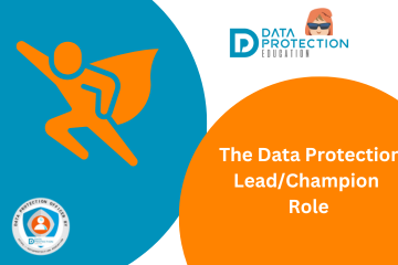 Orange silhouette super hero on blue background.  The Data Protection Champion Lead role in white text on orange background. Data Protection Education logo