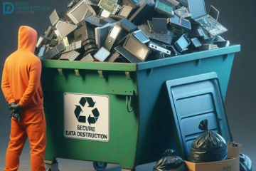 Large recycling bin with devices in, man in orange hoodie standing next to it. Secure data destruction sign on bin. Data Protection Education logo in the top left of the screen