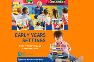 Photos of early years children on an orange background. Early Years settings in blue text. Data Protection and Cyber security in white text. Data Protection Education logo and website address: www.dataprotection.education