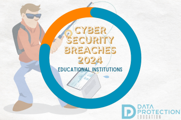 Cyber security breaches 2024 in gold letters educational institutions in blue in an orange and blue circle with Harry the Hacker in an orange hoodie in the background phishing for a laptop
