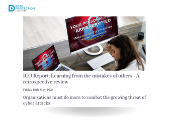 Photo of a lady receiving a ransomware message on a computer screen, with a news headline below like a newspaper: ICO Report: Learning from the mistakes of others: A retrospective review