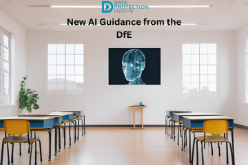 Photo of an empty classroom with a computer generated head image on the board at the back. Data Protection Education logo. Text in black: New AI Guidance from the DfE