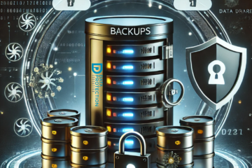 Canva AI generated image for backups, showing a database with a shield and padlocks around it. Data protection education logo