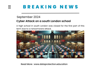 Breaking news in blue text, cyber attack on south london school. AI generated image of school hall with lots of computers with padlocks on the screen