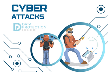 Cyber attack in blue, harry the hacker looking at computer screens and phishing (fishing) a laptop. data protection education logo