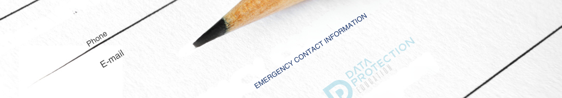 Emergency contact information sheet with a yellow pencil above it, Data protection education logo on the sheet