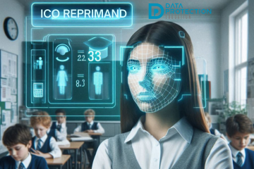 Image generated by Microsoft copilot ai.  Facial recognition on a student in a classroom. ICO reprimand in computer text. Data Protection Education logo