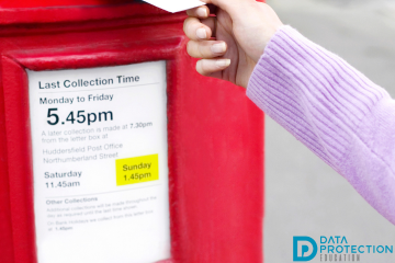 Photo of a person's arm and putting a letter in the post box.  Data Protection Education logo on the bottom right of the image
