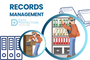 The words records management in blue text, harry the hacker looking in a filing cabinet and standing next to a shelf of folders