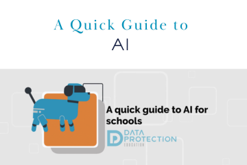 blue text a quick guide to: AI in black text. Blue robot dog. Data Protection education logo