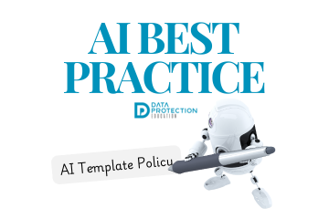 Image of a robot writing the words 'AI Template Policy', AI Best Practice in Blue text with Data Protection Education logo