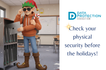 A cartoon image showing a young, smiling person dressed as an elf with sunglasses, an orange hoodie, and brown boots, standing in a snowy classroom environment. The 