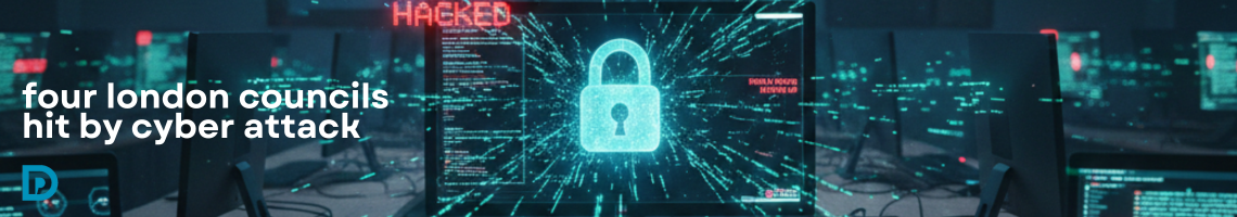 An image showing a cyber attack in progress within a school computer lab. Desks with multiple laptops and desktop computers are arranged in rows, all displaying screens with glowing blue and green code, warnings like "SYSTEM HACKED," "DATA BREACH," and a prominent padlock icon symbolizing security. Wires on the floor also glow with a similar blue-green light, extending from the computers. The background features server racks, adding to the high-tech, data-intensive atmosphere. The overall impression is one of a serious digital breach, with data actively being compromised. The text overlay reads: "four london councils hit by cyber attack". A small logo is visible in the bottom left corner.