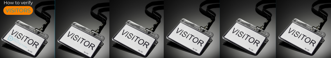 Black and grey background with white visitor badge with black text: Visitor and Data Protection Education logo on the badge.  How to verify it white text. Visitors in blue text on an orange background.  Repeats of visitor badge to fill the space