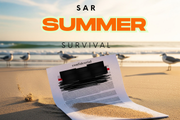  A "confidential" document with redacted sections is half-buried in the sand on a beach at sunset. The ocean and several seagulls are in the background. Overlayed text reads "SAR SUMMER SURVIVAL".