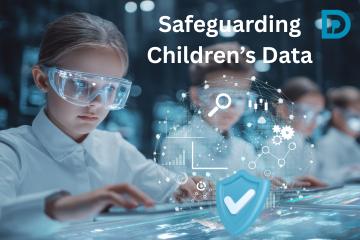 An eye-level, digital-style image with a dark blue background and bright blue accents. In the foreground, a young child wearing clear safety goggles and a white lab coat intently interacts with a digital, transparent screen on a desk. Two other children in the background are partially visible, also wearing goggles.  A large, stylized, glow-effect graphic overlays the foreground, representing data security. It features:  A globe-like, network mesh pattern.  A bright blue, 3D shield icon with a white checkmark in the center, symbolizing protection.  A magnifying glass icon over a data visualization (charts and graphs), suggesting investigation and oversight.  Gears and lock icons around the central elements, symbolizing technical security mechanisms.  The text "Safeguarding Children's Data" is prominently displayed in large white text in the upper center, and a dark blue "D" logo is in the top right corner. The overall image theme suggests the importance of protecting young people's information in a digital and educational setting.