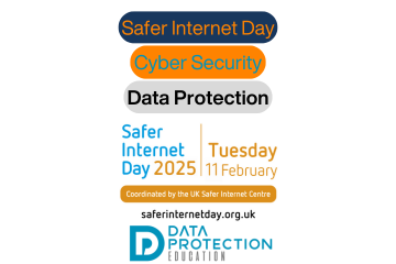 Safer Internet Day official art work, coloured orange and blue text: Safer Internet Day, Cyber Security, Data Protection. Data Protection Education logo