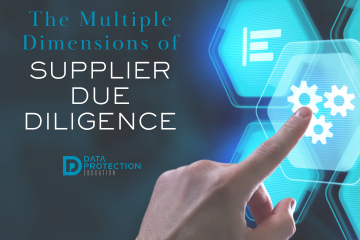 Photo image of a finger pointing to a cog on a digital hexagon.  Text in blue: The multiple dimensions of. Text in white: Supplier Due Diligence. Data Protection Education logo.