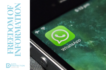 WhatsApp icon on a mobile phone, blue text of Freedom of Information. Data Protection Education logo