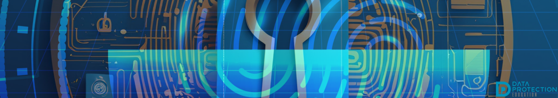 AI generated image of a key hole overlayed by a finger print on a cyber background. Data protection education logo on the bottom right of the image