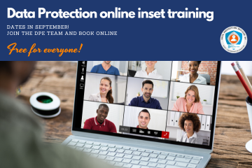 Graphic representing online data protection inset training sessions for September, focusing on security and privacy.