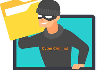 Cartoon of a criminal dressed in black with black hat, cyber criminal in orange on their chest, climbing out of a computer carrying a yellow computer folder on their shoulder