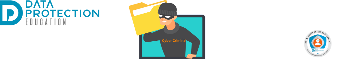 Cartoon of a criminal dressed in black with black hat, cyber criminal in orange on their chest, climbing out of a computer carrying a yellow computer folder on their shoulder