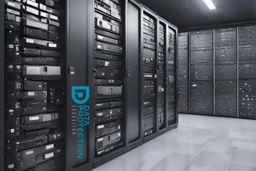 Black and white server room with Data Protection education in blue writing on one of the doors.