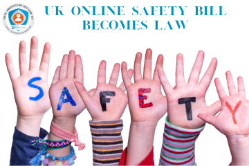 Childrens hands showing their palms each with a letter from the word 'Safety'. Blue text: "Online Safety Act Becomes Law"