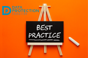 Best practice in white chalk on a blackboard, orange background, data protection education logo in blue