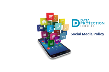 A smart mobile phone with emojis relating to social media coming out the surface on a white background.  Text: Data Protection Education Social Media Policy