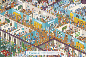 Cartoons of many people on a poster with hidden data and cyber breaches