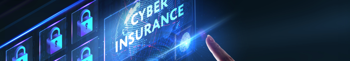 The word cyber insurance in blue on a computer screen with a finger pointing at it