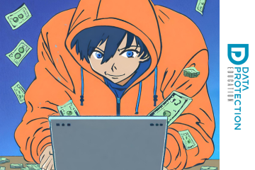 Hacker wearing an orange hoodie leaning over a laptop with money raining down behind on a blue background.  Data Protection Education logo on the right hand side